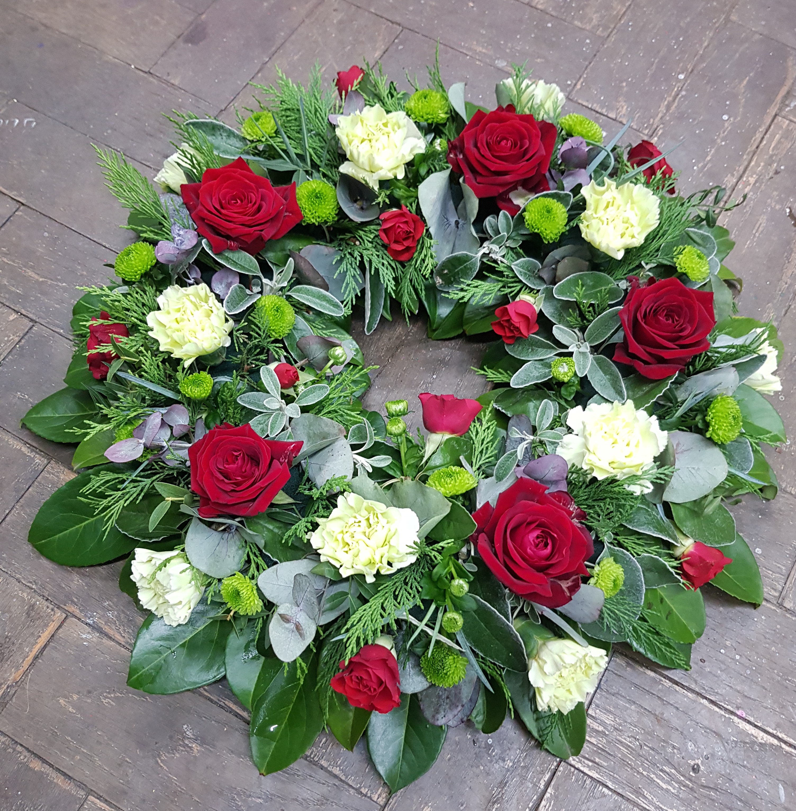 Red Roses and Green Carnation Wreath